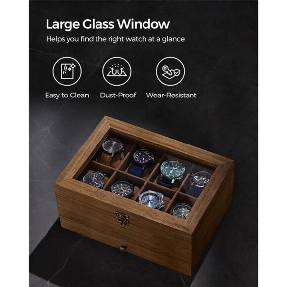 Wood Watch Box 8 Slot Two Tier Display Case Glass Lid Velvet Jewelry Storage - Picture 6 of 7